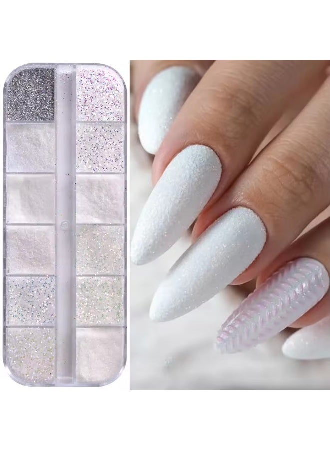 Goolsky 12 شبكة لامعة بيضاء سكر أظافر جليتر بودرة ناعمة رقائق لؤلؤية صبغة غبار زينة مانكير أنيقة لحفلات الزفاف DIY - Image 1